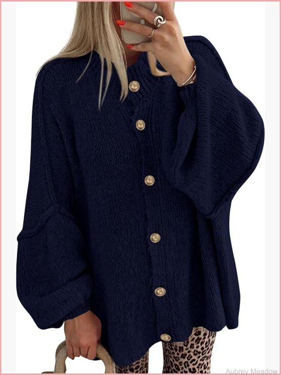 Sweaters - Chunky Knit Cardigan Lantern Sleeve Open Front Oversized Sweater